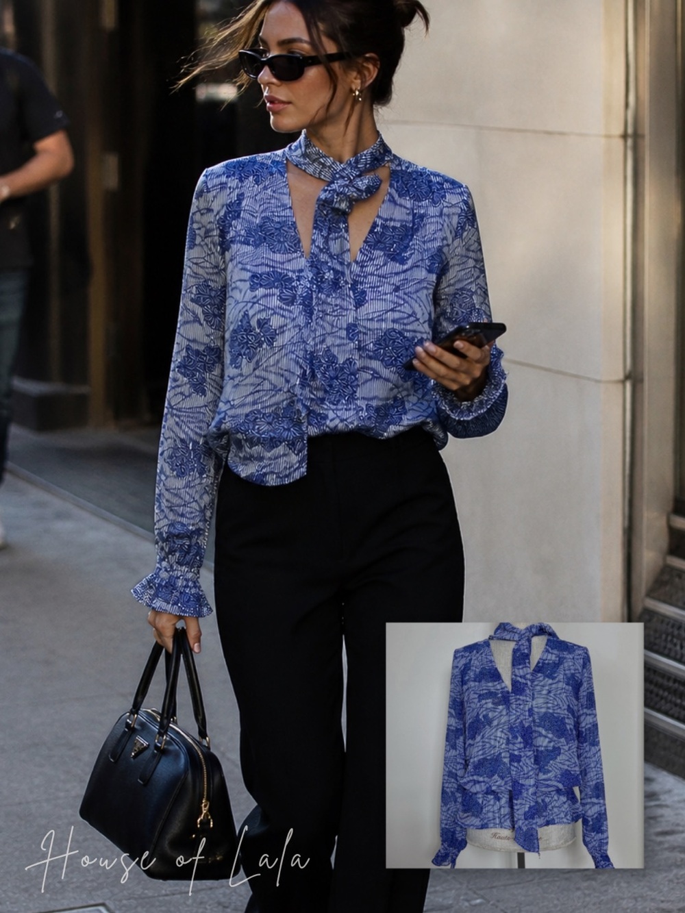 GUESS Blue Floral Blouse with Scarf Neck – Vintage Inspired Chic feminine Top